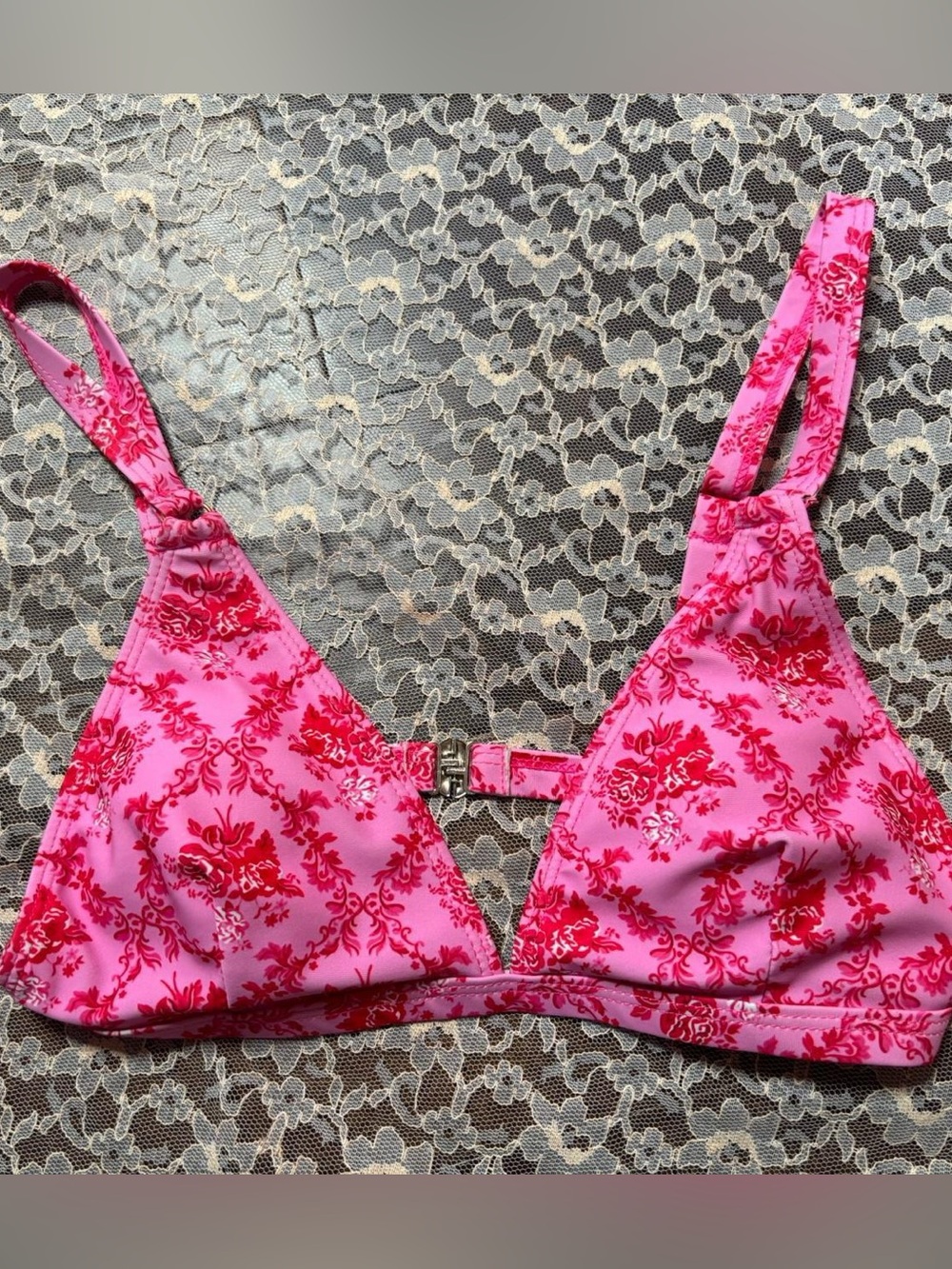 SHEIN Pink and Red Floral Triangle Bikini Top
